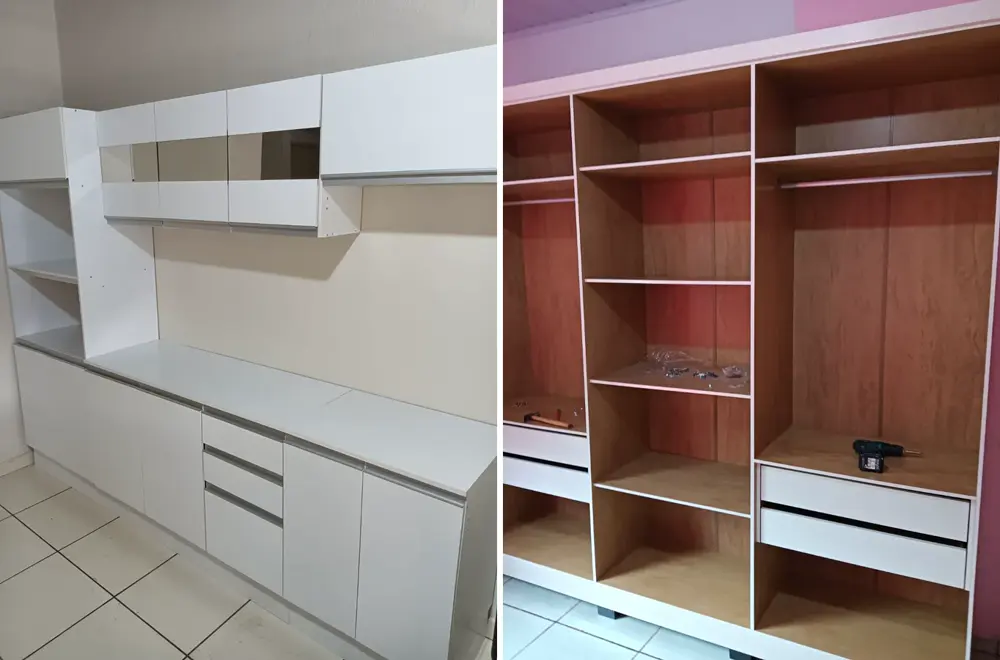 Cozinha planejada e guarda-roupa montados pelo Cássio